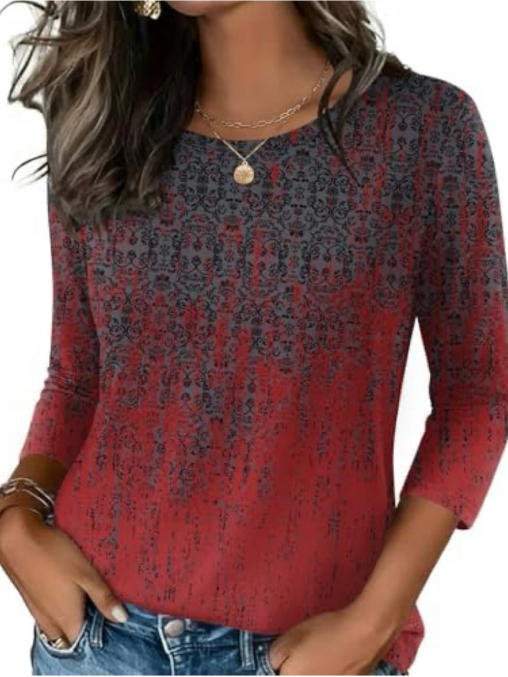 NWT Zeagoo 3/4 Sleeve Round Neck T Shirt Casual Top Gray & Red Ombre Size Medium